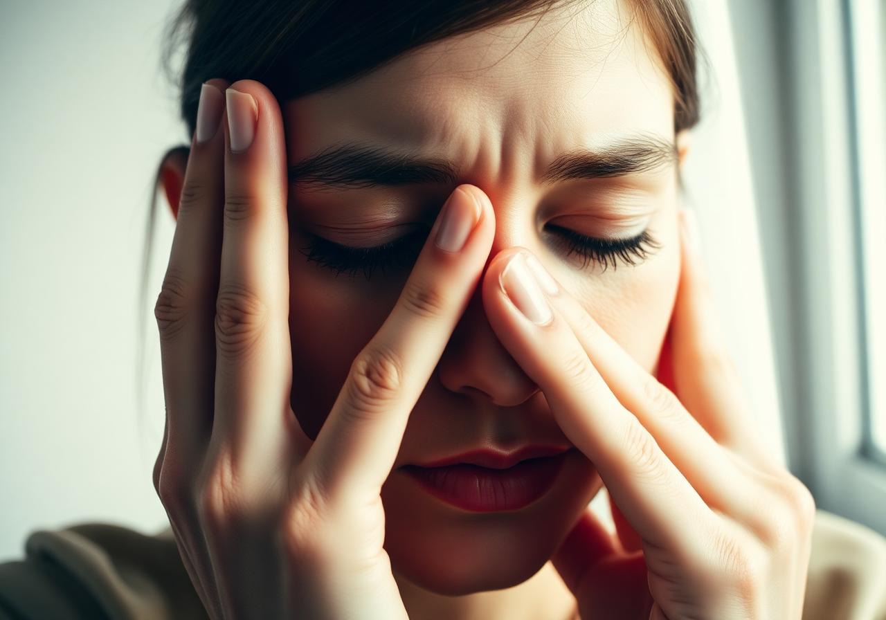Femme épuisée pressant ses doigts sur l'arête du nez
